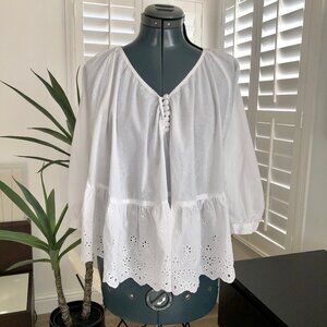 Holy G. White Cotton Blouse Cover Up with Eyelet Detail Size 40